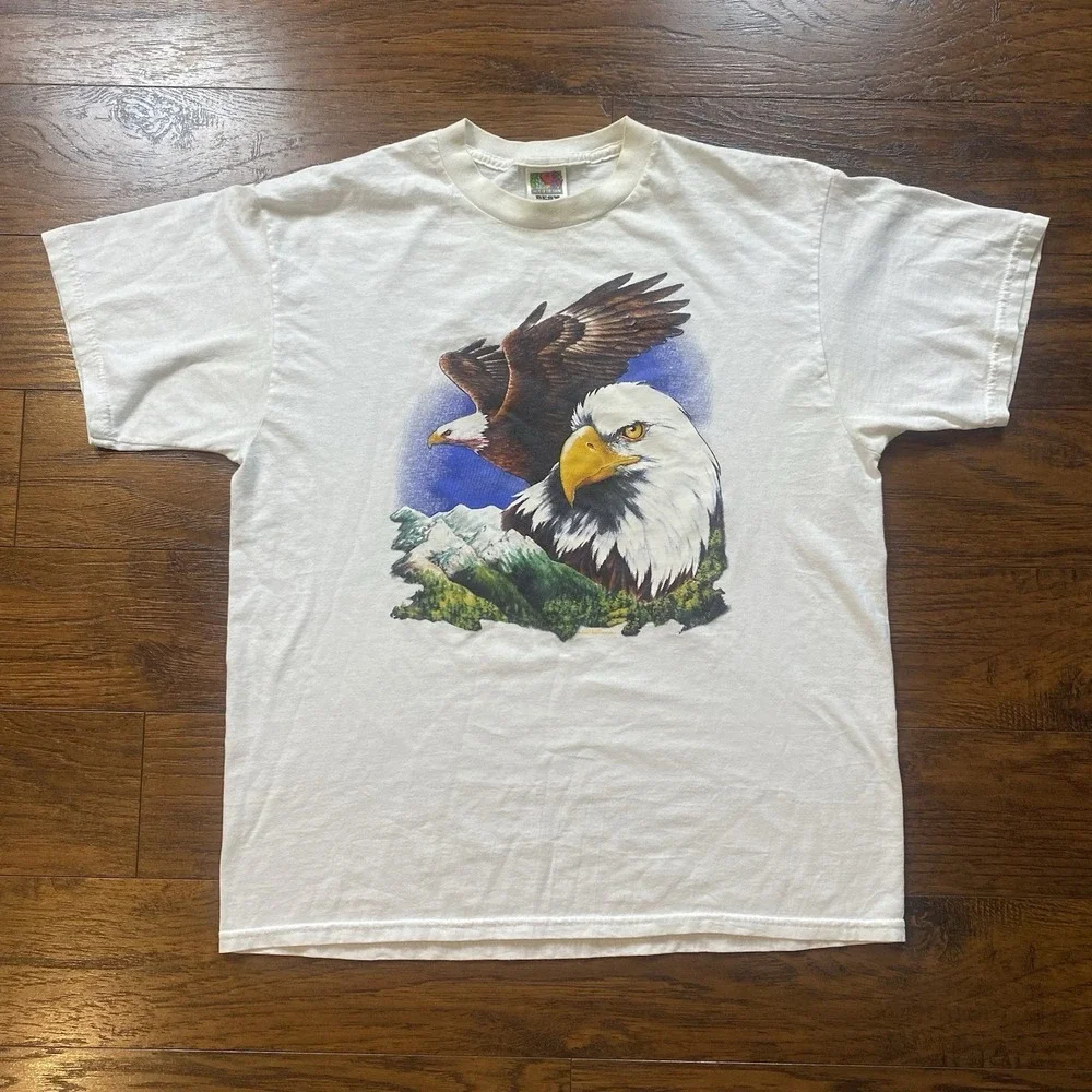 Vintage Bald Eagle Shirt Mens Lrg White  USA Mountains Single Stitch 90s